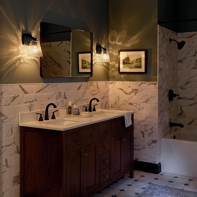 Kichler Marant 5" 1-Light Wall Sconce Bathroom Light Fixture with Clear Water Glass in Black, Modern Vanity Light for Bathroom, Powder Room, Hallway (5" W x 9.5" H), 55214BKWTR