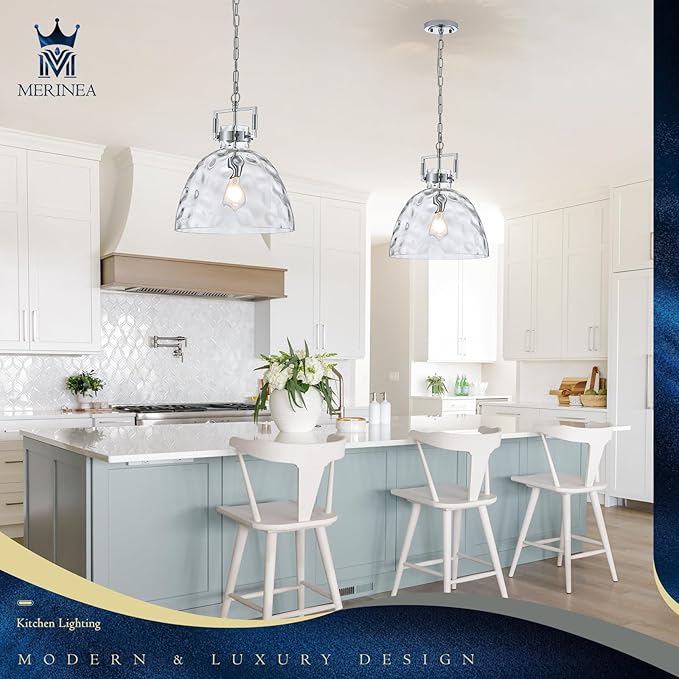 Glass Pendant Light, 13.8 Inch Single Hanging Ceiling Light with Adjustable Chain, E26 Base Oversized Hammered Clear Glass Kitchen Island Pendant Lighting in Polished Chrome for Dining Room, Entryway
