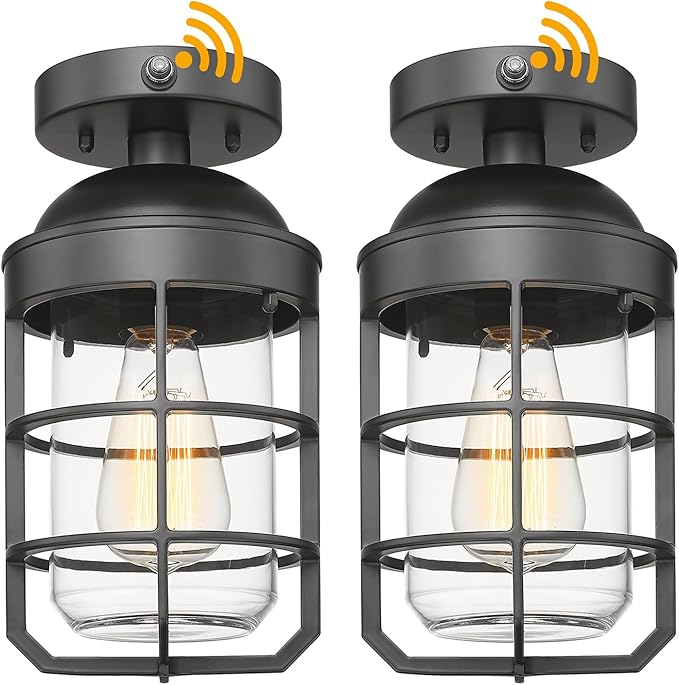 Outdoor Ceiling Lights for Porch with Dusk to Dawn Sensor, Black Outdoor Semi Flush Mount Ceiling Light Fixture with Clear Glass for Front Porch Entryway Patio, Set of 2