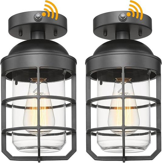 Outdoor Ceiling Lights for Porch with Dusk to Dawn Sensor, Black Outdoor Semi Flush Mount Ceiling Light Fixture with Clear Glass for Front Porch Entryway Patio, Set of 2