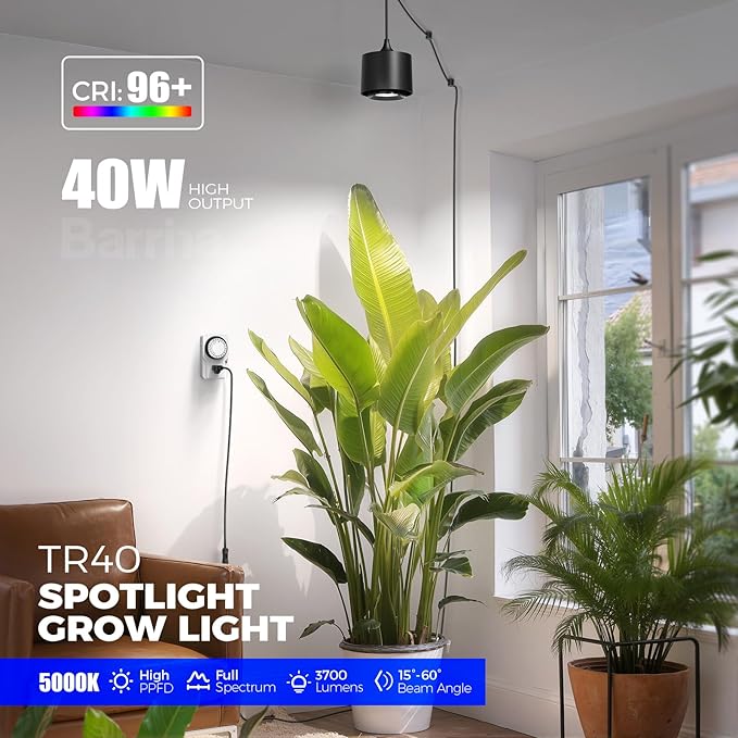 Barrina TR40 Hanging Grow Lights for Indoor Plants, 40W 5000K Full Spectrum, Adjustable Beam Angle (15°-60°), High PPFD, Spotlight Grow Light with Timer for Indoor Growing, Large Tall Plant, Flowers