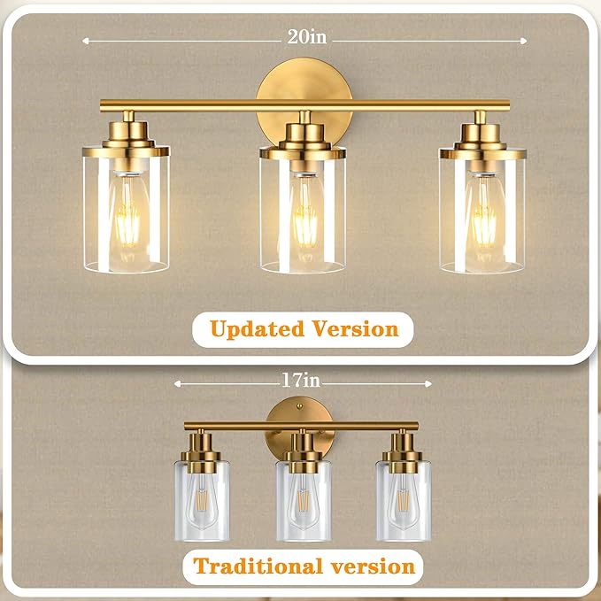 Bathroom Light Fixtures,Vanity Lights Over Mirror,Brushed Gold Vanity Light for Bathroom,20'' Brass Gold 3-Light Modern Bath Light