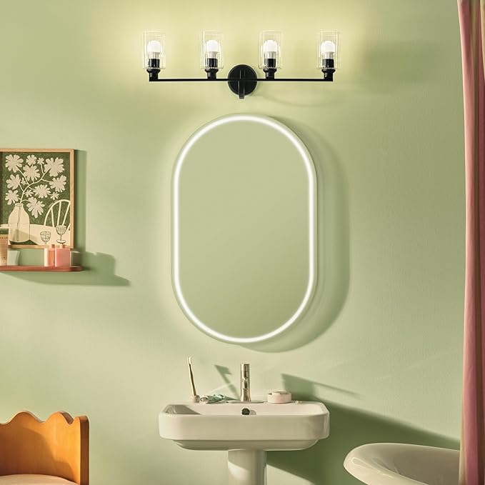 Kichler Gioe 4-Light Bathroom Vanity Light Fixture with Clear Fluted Glass in Black, Modern Wall Mount Over Mirror Lighting for Powder Room (32.25 x 10.5 x 6.75 in), 55227BKFLU