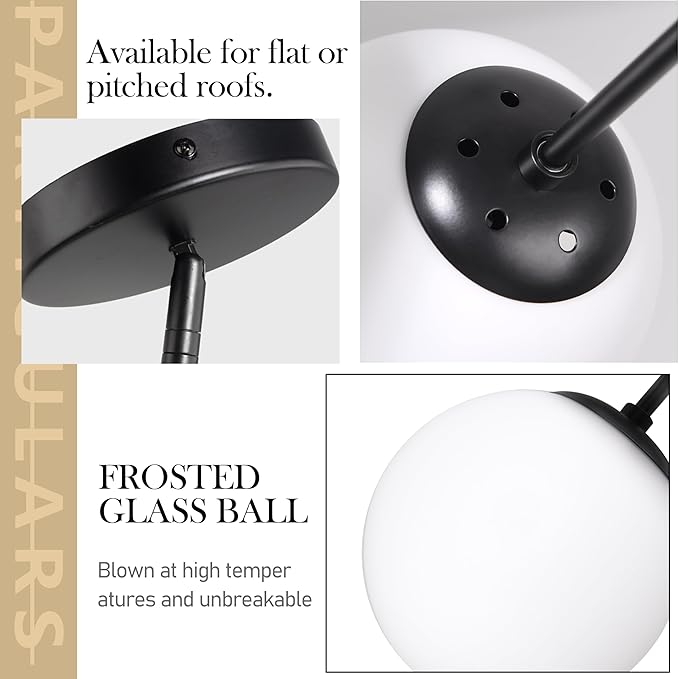 Bagood 8" Globe Pendant Light Black Mid Century Modern Light Fixture Milk Glass Pendant Light Globe Pendant Lights Kitchen Island Matte Black Finished with Milk Glass Lampshade for Dining Room