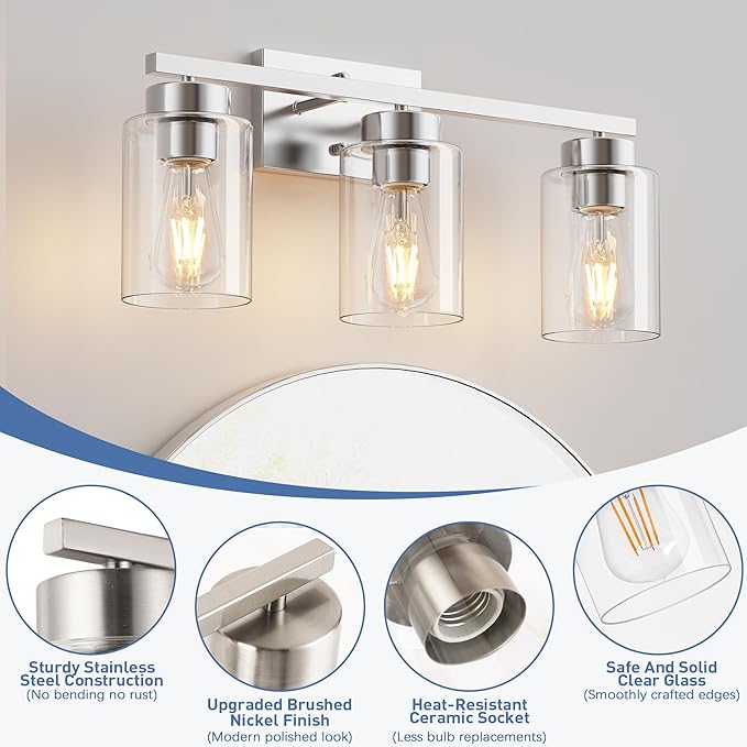 PARTPHONER 3-Light Bathroom Light Fixtures, Brushed Nickel Vanity Light with Clear Glass Shade, Modern Wall Sconce for Mirror Bedroom Living Room Hallway Lighting