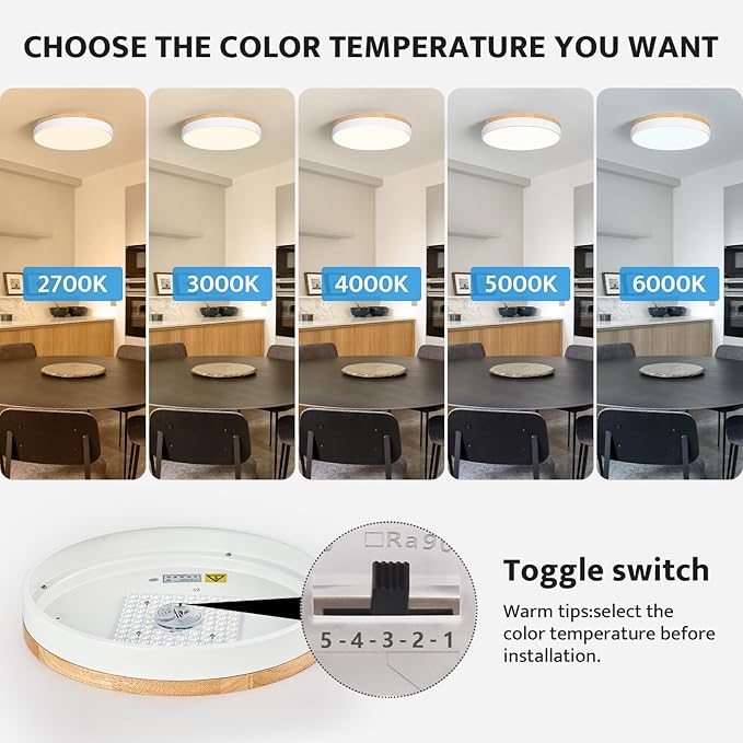 WOKNOS Dimmable Wood Oak Ceiling Light Fixture Modern White LED Flush Mount Ceiling Light 5CCT Minimalist Circle Close to Lighting Fixture for Bedroom Kitchen Bathroom Laundry Room 15.74 Inch