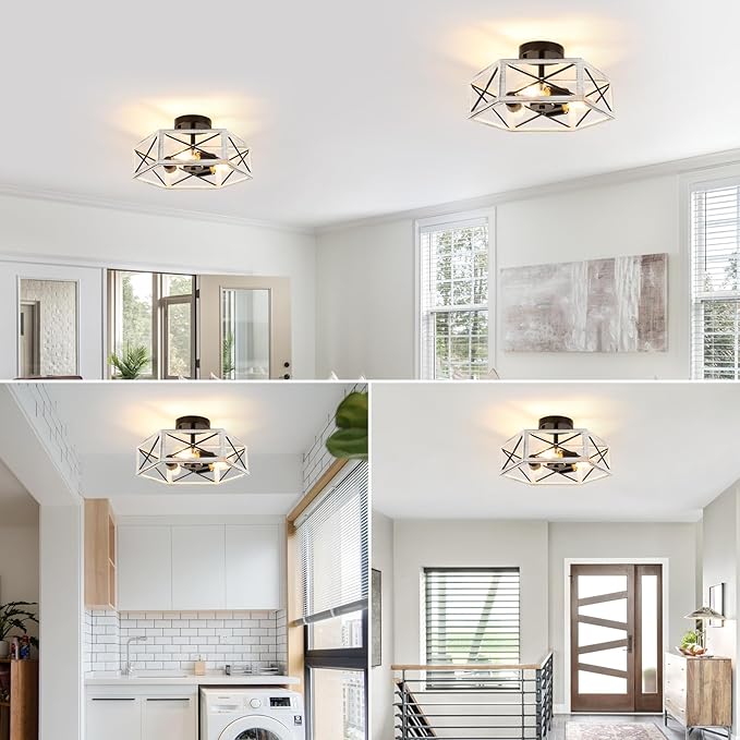 Wilon Modern Flush Mount 3-Light Industrial Kitchen Ceiling Lights - Farmhouse Style, Oak White, Rustic Finish for Bedroom Hallway Foyer