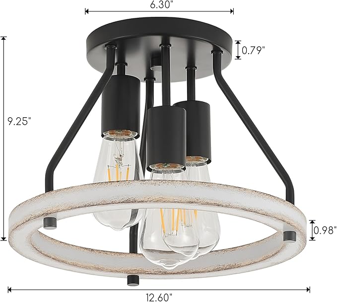Rustic Flush Mount Ceiling Light Fixture with Oak White Wood Circle Shade Farmhouse Mini Semi Ceiling Lamps for Hallway Entryway Kitchen Closet 3-Light