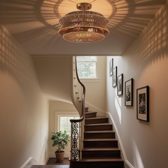 Boho 16''Coastal Rattan Semi Flush Mount Ceiling Light Farmhouse Rattan Ceiling Light Gold Nursery Ceiling Lights for Bedroom Kitchen Entryway Hallway(E26 Base)