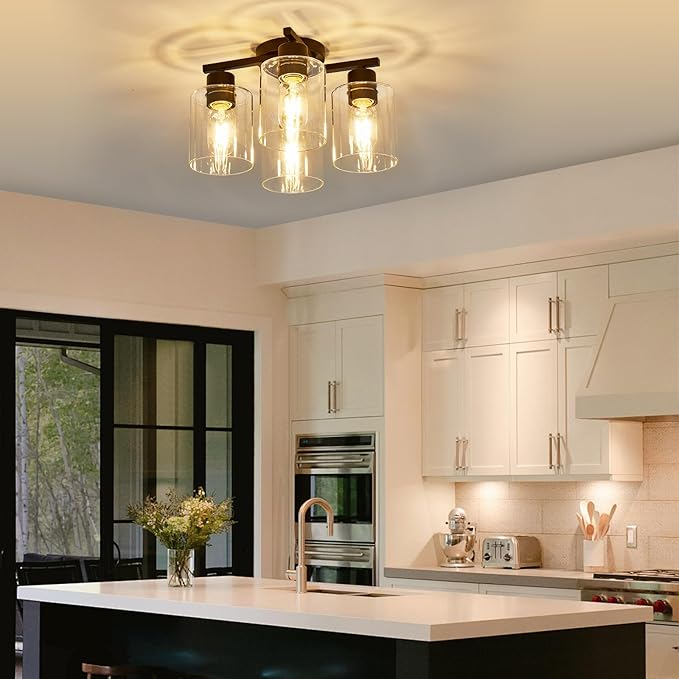 Kitchen Lighting Fixtures Ceiling, Black Semi Flush Mount Ceiling Light, 4 Light Kitchen Light Fixtures Cieling Lights with Clear Glass Shade for Bedroom Foyer Farmhouse Hallway