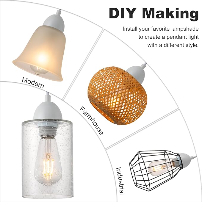 DIY Pendant Light Fixture Kit - White, Mini Island Pendant Lights for Kitchen, Make Modern & Farmhouse Hanging Light for Yourself, Adjustable Height, 1 Pack（Shade and Bulb Not Included）
