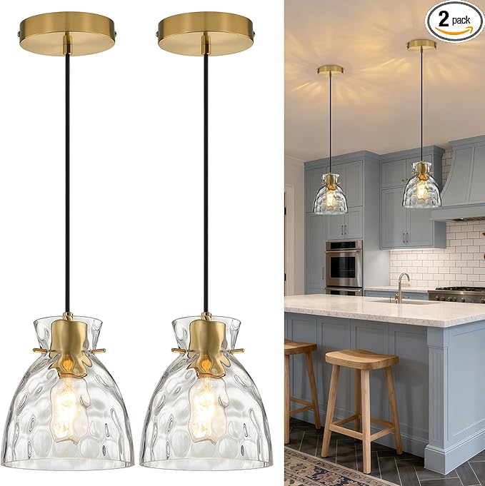 Black Gold Pendant Lights Kitchen Island 2 Pack, 5.9" Small Mini Brushed Brass Hammered Glass Pendant Light Fixtures, Modern Hanging Lights Kitchen Pendant Lighting over Sink Bathroom Dining Room