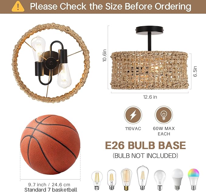 Boho Rattan Ceiling Light Fixture, 12.6" Woven Drum Flush Mount Light, Rustic Farmhouse Wicker Semi Flush Lighting for Bedroom, Kitchen, Living Room, Entryway, Hallway, Modern Coastal Lamp