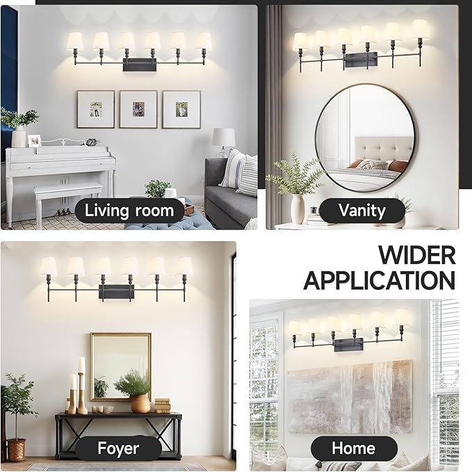 6-Light Black Bathroom Lighting Fixtures Over Mirror,50 in Vintage Bathroom Vanity Lights with Flared White Fabric Lampshade for Bedroom,Living Room,Foyer,2 Styles Modern Wall Sconce E12 Base
