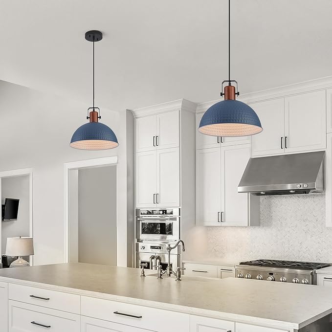 12 Inch Blue Pendant Lights Hammered Matte Pendant Lights for Kitchen Island Industrial Farmhouse Adjustable Height Dome Hanging Light Fixtures for Barn, Dining Room 1 Pack