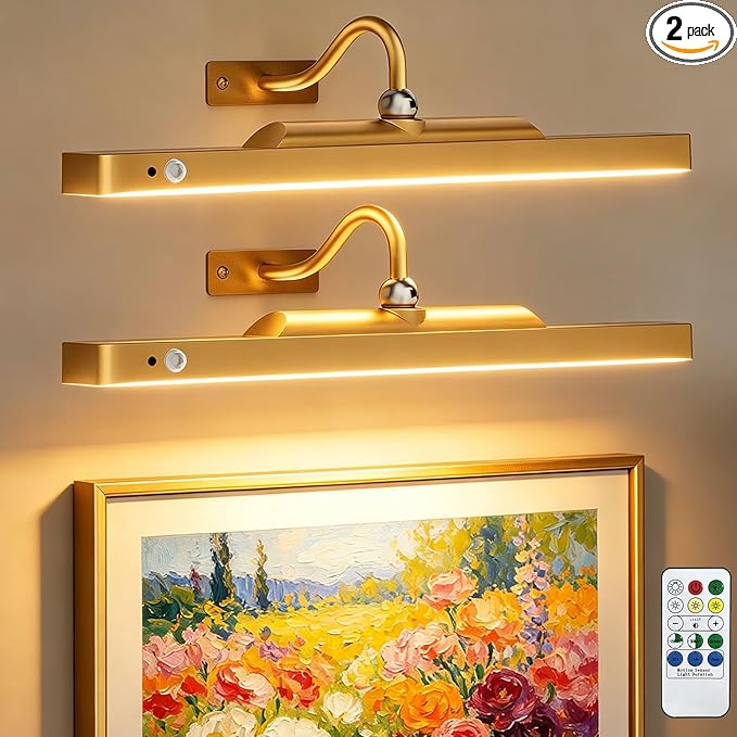 TANBABY 16'' Wireless Picture Lights for Wall, 6000mAh Rechargeable Battery Operated Light with Motion Sensor, 3CCT Dimmable, Timer, Magnetic Poster Lights with Remote for Gallery, Living Room-2Pack
