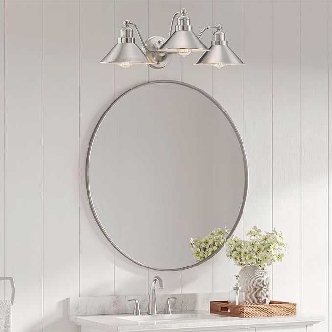 Kira Home Welton 25.5" 3-Light Modern Farmhouse Vanity Light with Funnel Shades, Industrial Silver Wall Sconce Bathroom Light, Brushed Nickel Finish