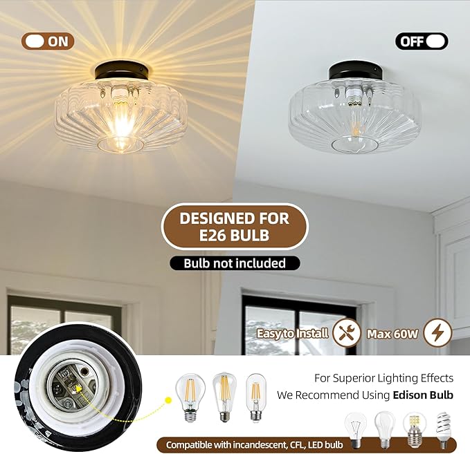 Glass Semi Flush Ceiling Lights - 12 in Vintage Mid Century Modern Lighting Fixture - Black Drum Unique Art Deco Mount Light Fixtures for Hallway Entry Way Hall Kitchen Dining Laundry Room Foyer Porch