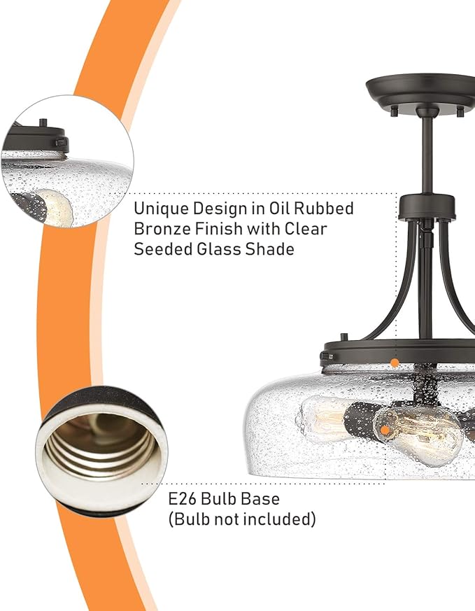 EAPUDUN Farmhouse Semi Flush Mount Ceiling Light Fixture, 3-Light Industrial Pendant Light in Oil Rubbed Bronze Finish with Clear Seeded Glass Shade, SMA1126-ORB