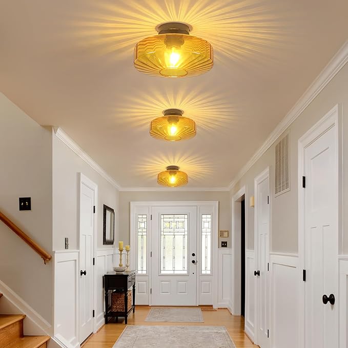 Semi Flush Mount Ceiling Light, 11.8" Mid Century Modern Close to Ceiling Light Fixtures with Amber Glass Shade, 1-Light Vintage Drum Lights for Bedroom Kitchen Entryway Hallway Porch Foyer