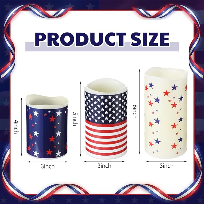 Baquler 3 Pcs Independence Day Flameless Projector Candle with Remote Timer - American Flag Patriotic Projector Light LED Candles Battery Operated for 4th of July Home Indoor Holiday Party Decoration