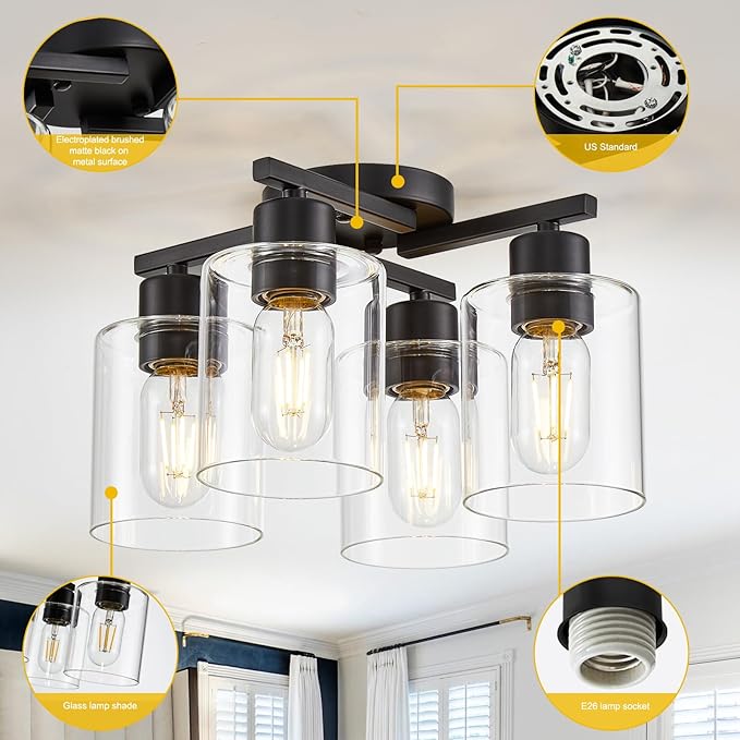 Kitchen Lighting Fixtures Ceiling, Black Semi Flush Mount Ceiling Light, 4 Light Kitchen Light Fixtures Cieling Lights with Clear Glass Shade for Bedroom Foyer Farmhouse Hallway
