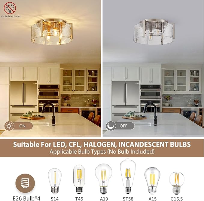17.3“ Semi Flush Mount Ceiling Light Fixture Brushed Nickel 4-Light Modern Water Ripple Chandelier Glass Light Fixture for Entryway Hallway Kitchen Island Dining Room Foyer Bedroom Hallway