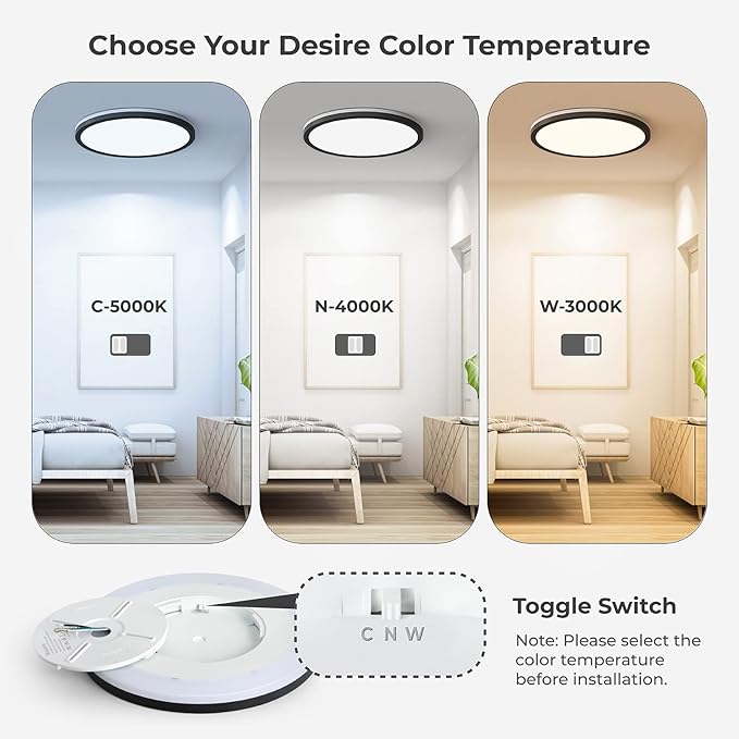 Matane 12 inch LED Flush Mount Ceiling Light with Night Light, 2400LM Dimmable, 3000K/4000K/5000K Selectable, Round Ultra-Thin Black Ceiling Light Fixture for Bedroom, Kitchen, Hallway, Closet