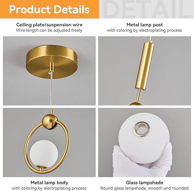 Modern Globe Glass Pendant Light fixtures 1-Light, Simplicity Gold Pendant Lighting, Mid Century Chandelier for Kitchen Island Dining Room Bedroom Entryway Hallway(1-Pack)