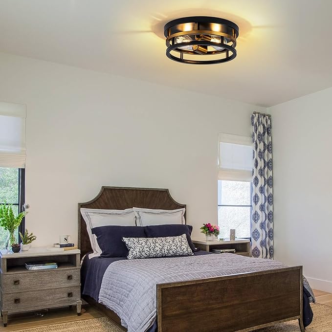 Antique Gold Bronze Flush Mount Light, Electroplated Bronze & Black 2-Light Fixture for Kitchen Hallway Bedroom, Low Profile E26 Close-to-Ceiling Lighting (Single Unit)