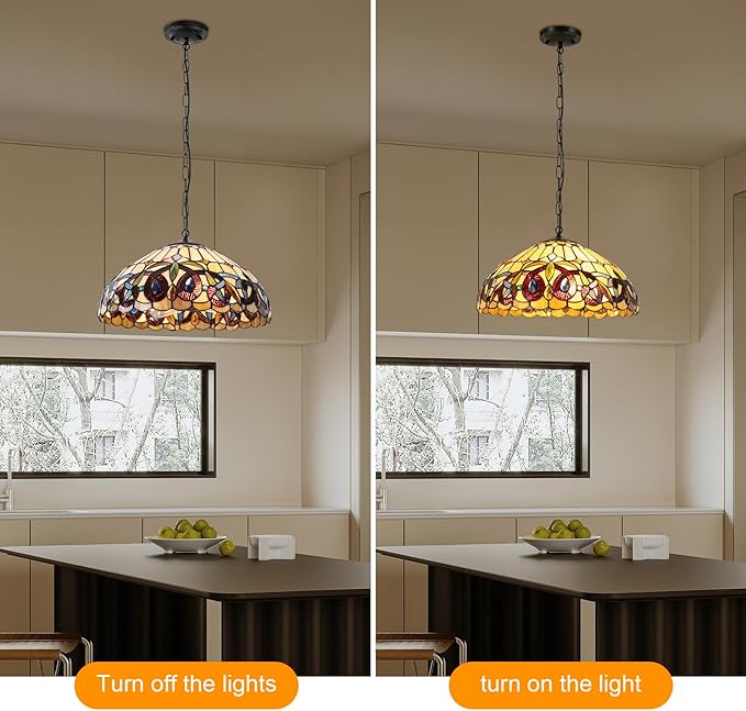 Vintage Pendant Light Fixtures, 16Inch Stained Glass Hanging Lamp 100-240V Antique Style Ceiling Mount Light for Dining Room Living Room Kitchen Entryway-E26