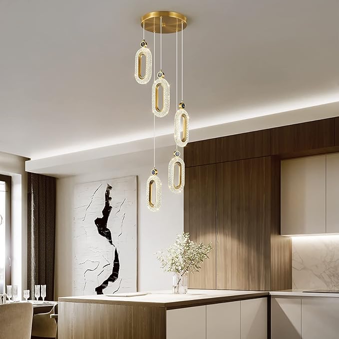 Pendant Lighting for Kitchen Island LED Dimmable Modern Gold Pendant Lights for Bedroom Hallway Entryway Kitchen Island Light Fixtures (5-Light)
