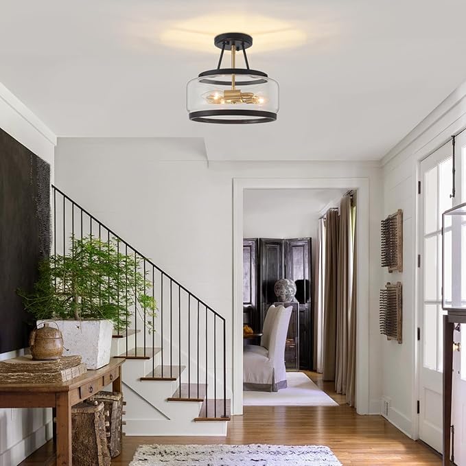 11.81" Black and Brushed Gold Close to Ceiling Light Fixtures, 3-Light Modern Drum Light Fixture, Hallway Ceiling Light, Glass Ceiling Lamp for Entryway Bedroom Laundry Room Dining Room Kitchen Lights