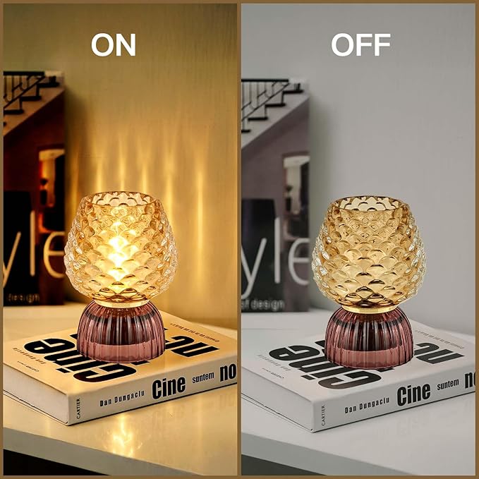 Battery Operated Lamp with Timer, Cute Small Cordless Glass Table Lamp for Home Decor, Kitchen, Bathroom, Birthday Gift for Women, Pinecone, Amber