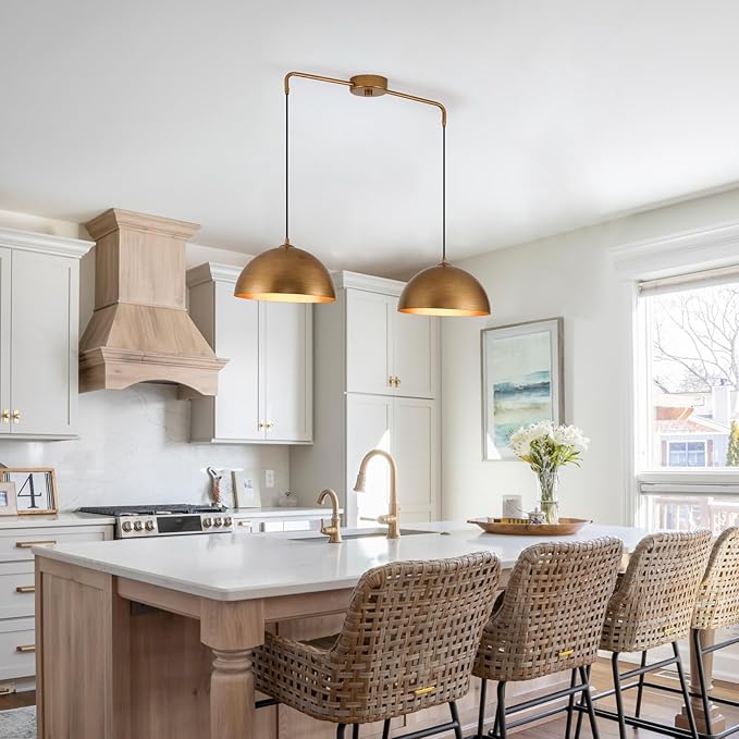 2-Light Pendant Lights Kitchen Island, Gold Metal Dome Shade Pendant Light, Kitchen Pendant Lighting Over Island, Adjustable Height Hanging Light Fixture for Farmhouse Dining Room Kitchen Cafe