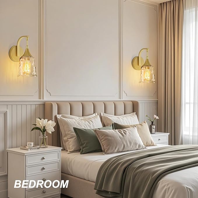 Gold Wall Sconce for Bathroom,1-Light Hardwired Wall Light Fixture with Water Ripple Glass Shade, Vintage Brass Sconce Lights for Bedroom Hallway Entryway