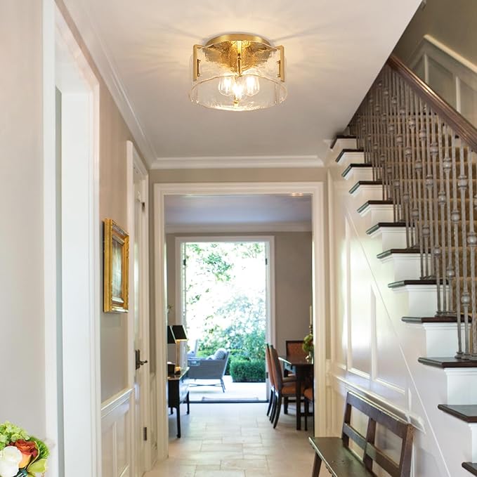 Gold Semi Flush Mount Ceiling Light Fixture, Modern Flush Mount Ceiling Lights, 3-Light Glass Drum Fixture for Dining Room, Farmhouse Foyer Lighting Fixtures for Kitchen, Entryway, Hallway, Bedroom