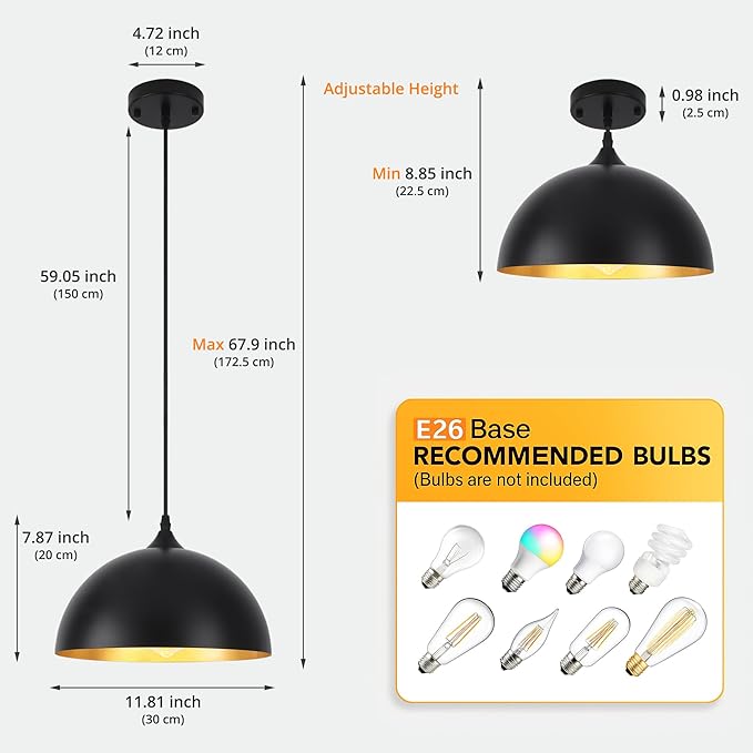 3 Pack Black Pendant Lights Kitchen Island 11.8" Modern Dome Pendant Light Fixtures Farmhouse Hanging Ceiling Light Fixture for Dining Room Foyer Hallway Bar Cafe Sink