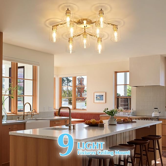 Brushed Nickel 9 Light Dining Room Ceiling Light Fixture Large Semi Flush Mount Ceiling Light Fixture Kitchen Lighting Fixtures Ceiling Light for Living Room with Clear Glass Shades