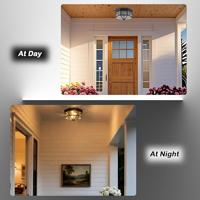 Outdoor Ceiling Light with Motion Sensor, 2-Light Copper Flush Mount Porch Light, Octagonal Outdoor Flush Mount Ceiling Light, Black Exterior Lighting Fixtures for Porch Patio Entryway