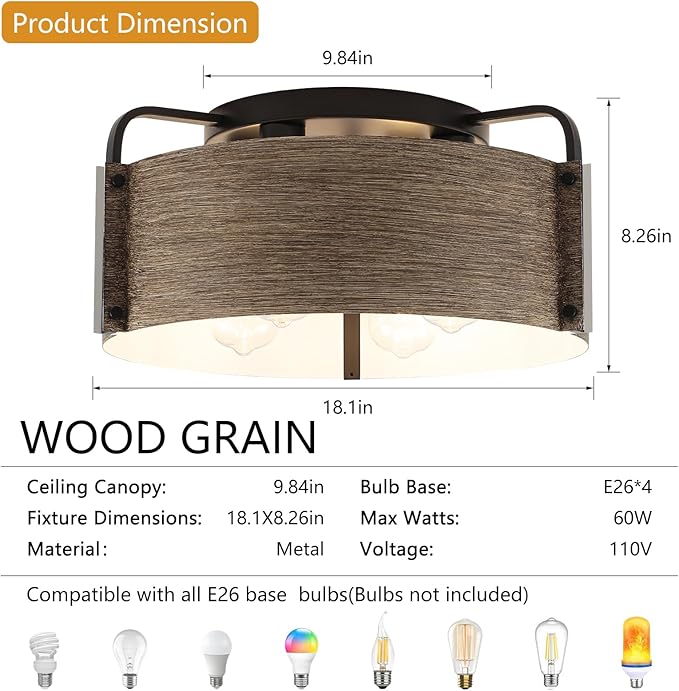Flush Mount Ceiling Light, 4-Light Farmhouse Ceiling Light Fixture Metal Wood Grain Finish Close to Ceiling Lights for Living Room Kitchen Island Dining Room, E26 Base(Not Included Blub)