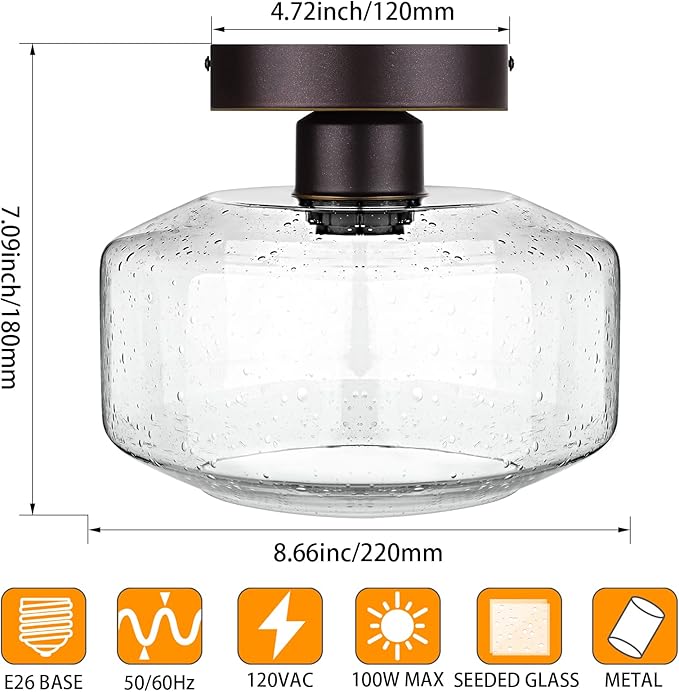 SunRider Industrial Semi-Flush Mount Ceiling Light Fixture, Seeded Glass Pendant Lamp Shade, Oil Rubbed Bronze Farmhouse Lights for Hallway Bedroom
