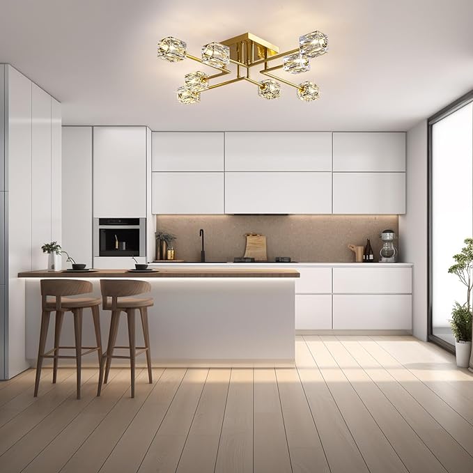 Modern Crystal Ceiling Light,Semi Flush Mount Ceiling Light Fixture with 8-Lights,Gold Sputnik Chandeliers for Bedroom,Dining Room,Farmhouse Kitchen,Office,Living Room