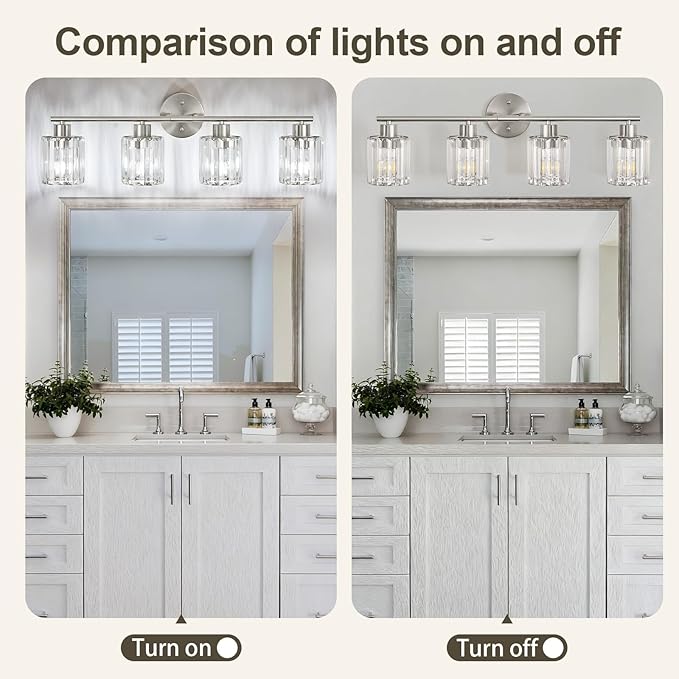 Crystal Bathroom Light Fixtures, Bathroom Lighting Fixtures Over Mirror, Modern 4-Light Brushed Nickel Vanity Lights for Mirror, Restroom, Kitchen(Ceramic E26 Socket,Bulbs Not Include)