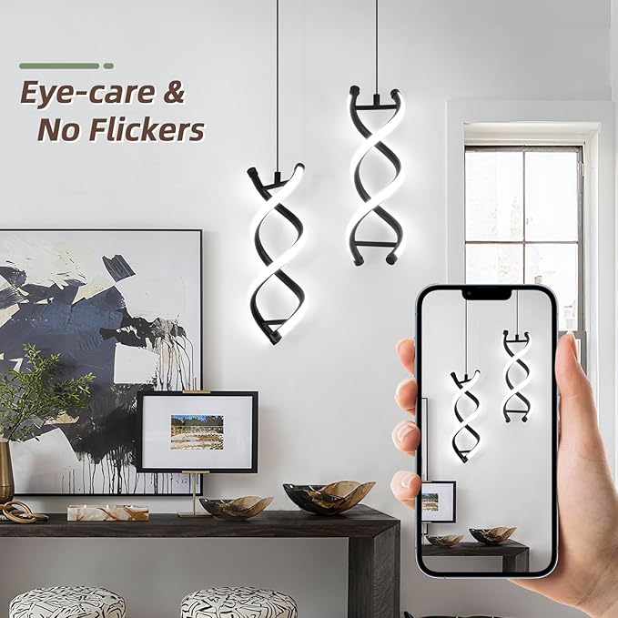 CANEOE Spiral Led Pendant Light Fixtures,3000K-6000K Dimmable Modern Integrated LED Pendant Lamp, Adjustable Height Kitchen Hanging Light Fixture for Living Room Bedroom Kitchen Sink, 1 Pack (Black)