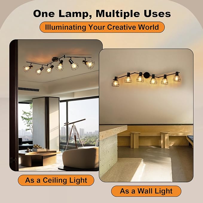 LTBLIGHT 6-Light Track Lighting Fixtures Ceiling, Adjustable Track Light Fixture, Black Metal Wire Cage Farmhouse Spotlight for Kitchen, Bedroom, Hallway, E26 Base(Bulbs Not Included)