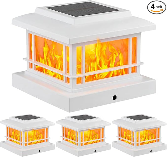 JOFIOS Flickering Flame Solar Post Cap Lights Outdoor, White Post Lights with 3 Color Temperature, Fits 3.5" 4" 4.5" 5" Wood/Vinyl Posts, IP64 Waterproof Fence Deck Lights for Garden Patio Yard 4 Pack