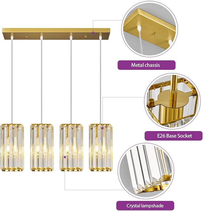 Modern Pendant Light Gold Rectangle Pendant Lighting Mini Crystal Chandeliers Adjustable Pendant Light Fixture for Kitchen Island Dinning Room Living Room Corridor Bedroom(Gold 4-Light)