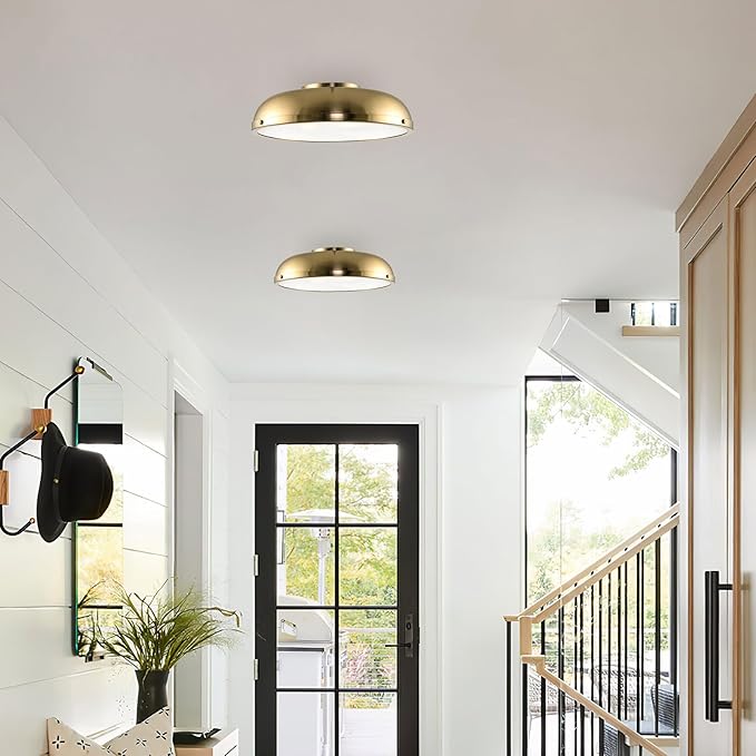 Kira Home Alston 14" Mid Century Modern Gold Semi Flush Mount with Frosted Glass Diffuser, 3-Light Low Profile Dome Gold Ceiling Light, Cool Brass Finish
