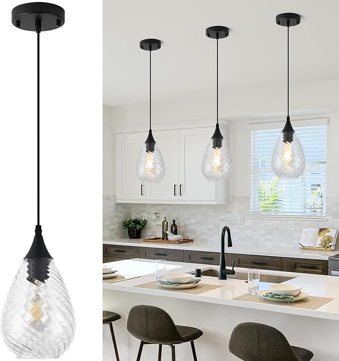 Black Pendant Lights Kitchen Island with Hand-Blown Clear Glass, 1-Light Modern Glass Pendant Light Fixtures, Island Hanging Light for Kitchen Sink Bedroom Dining Room Hallway, E26